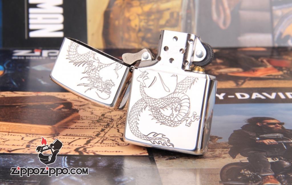 Zippo Chính Hãng Bạc Khắc Rồng Ôm Viên Ngọc Số 8